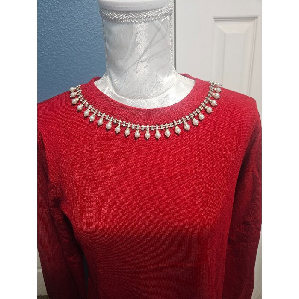 Liz Claiborne Women 3/4 Sleeve Embellished Sweater Dress Holiday Event Red Large